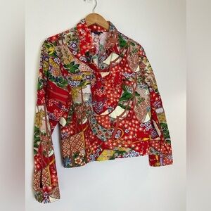 Boston Proper Red Chinoiserie Floral Asian Cropped Jean Jacket - Small​​​​​​​